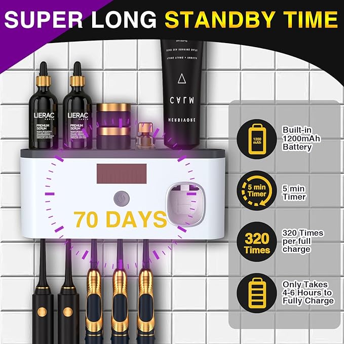 Wall Mounted Toothbrush Holder with Toothpaste Dispenser Electric Toothbrush Holder for Bathroom Solar Charging and No Drilling Required Smart Toothbrush Organizer with 5 Brush Slots