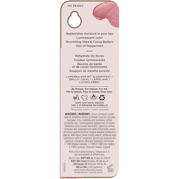Burt's Bees Shimmer Lip Tint, Tinted Lip Balm Stick, Moisturizing for All Day Hydration with Natural Glowy Pigmented Finish & Buildable Color, Peony, 1 Tube, 0.09 oz.