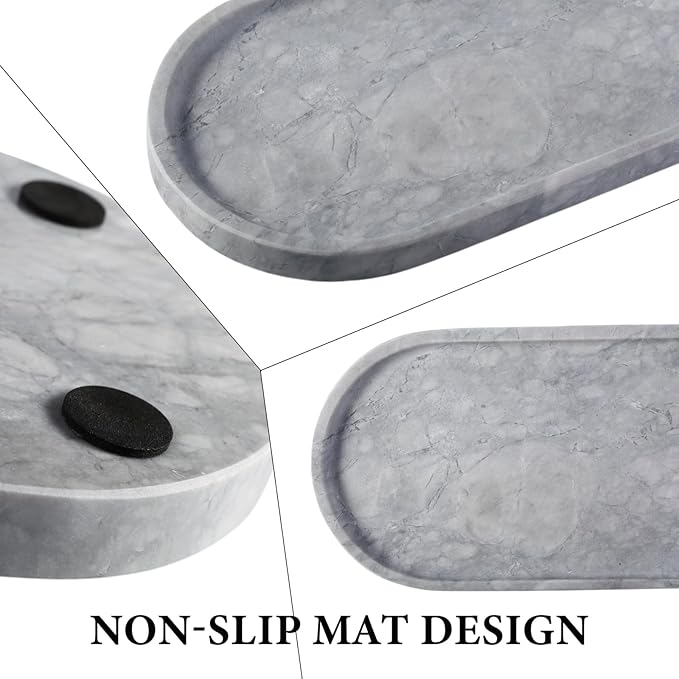Koville Grey Marble Tray for Bathroom Countertop, 12"x6" Vanity Decorative Marble Tray for Dresser, Stone Catchall Trays for Perfume, Candles, Jewelry, Stone Gray Storage Trays for Home Decor