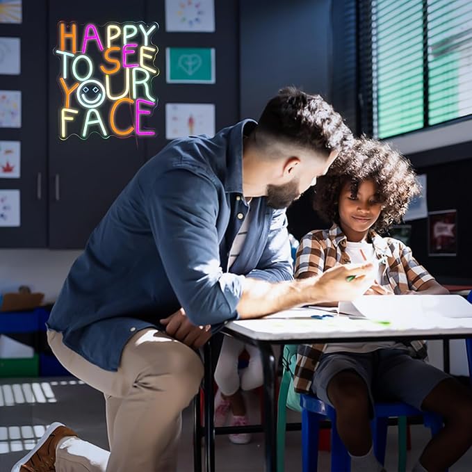 LED HAPPY TO SEE YOUR FACE Sign - Classroom Decor Inclusive Wall Decoration Welcome Gift Teacher Present for Primary Schools and Kindergartens - Birthday (14.2"12.6")