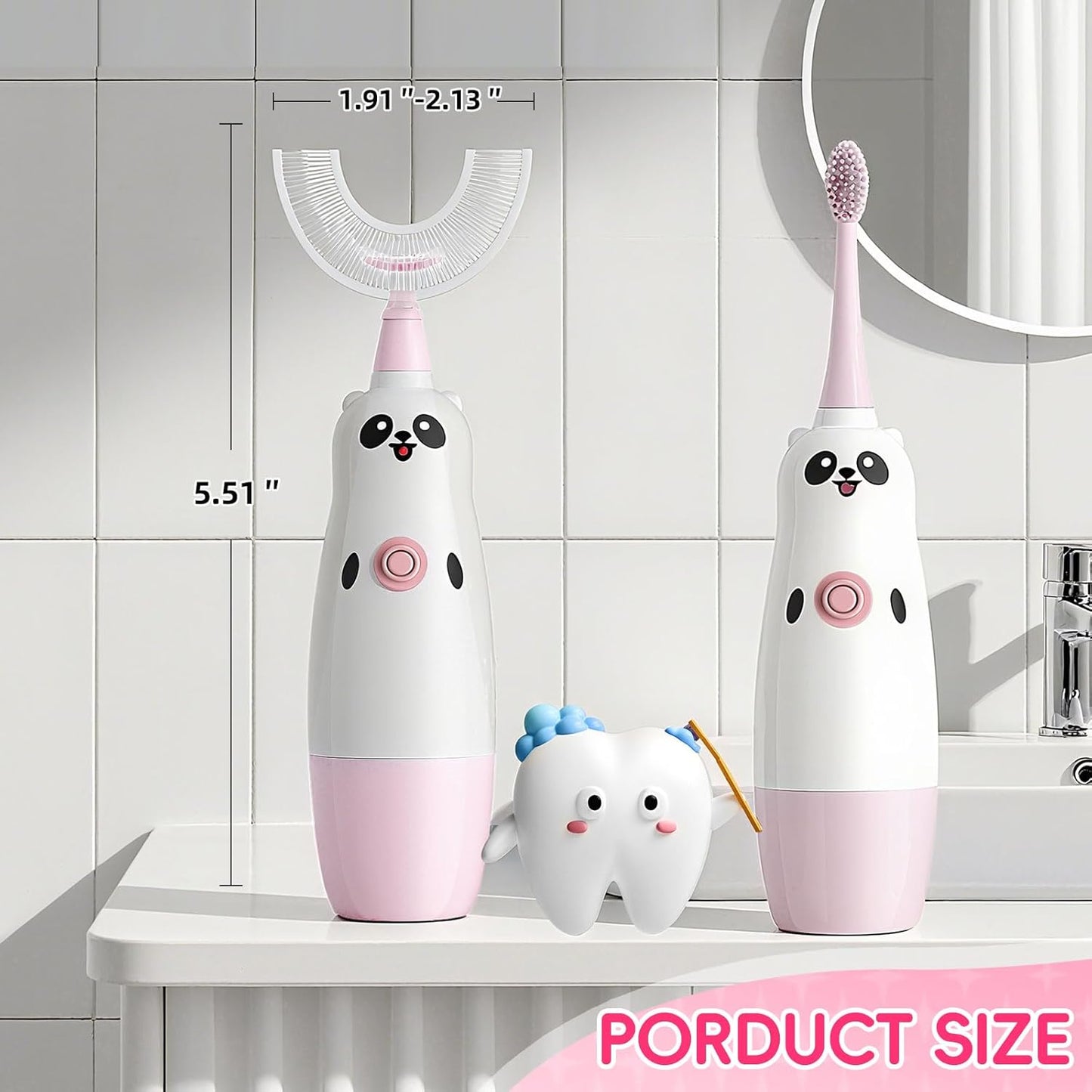 Kids U-Shaped Electric Toothbrush with 2 Brush Heads, Toddlers Sonic with 360 Degree Cleaning, Soft Bristles, Battery Included, IPX7 Waterproof, Cute cartoon for Girls and Boys, Ages 2-7 (Pink)