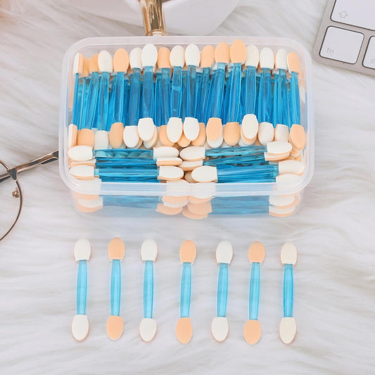 150 Eye Shadow Applicator Disposable Foam Makeup Brush Sponge Tipped Oval Eyeshadow Applicators Dual Sides with Container, Blue