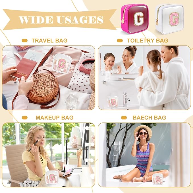 Personalized Initial Letter Clear Preppy Makeup Bag,Mini Nylon Chenille Letter Cosmetic Bag Cute Zipper Pouch Purse for Teen Girls,Portable TSA Approved Beach Travel Essentials Bag Gift for Women,G