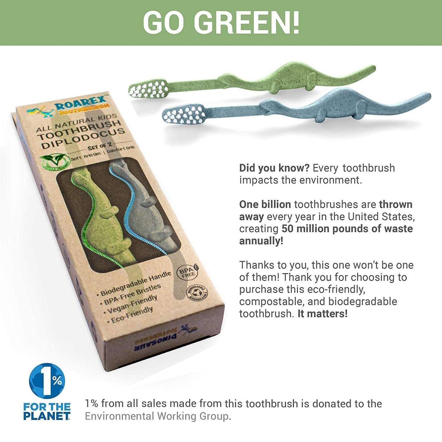 ROARex Vegan Kids Toothbrush | Dino Design | Biodegradable & Compostable Natural Plant-Based Toothbrush | Dinosaur Theme | 1% for The Planet