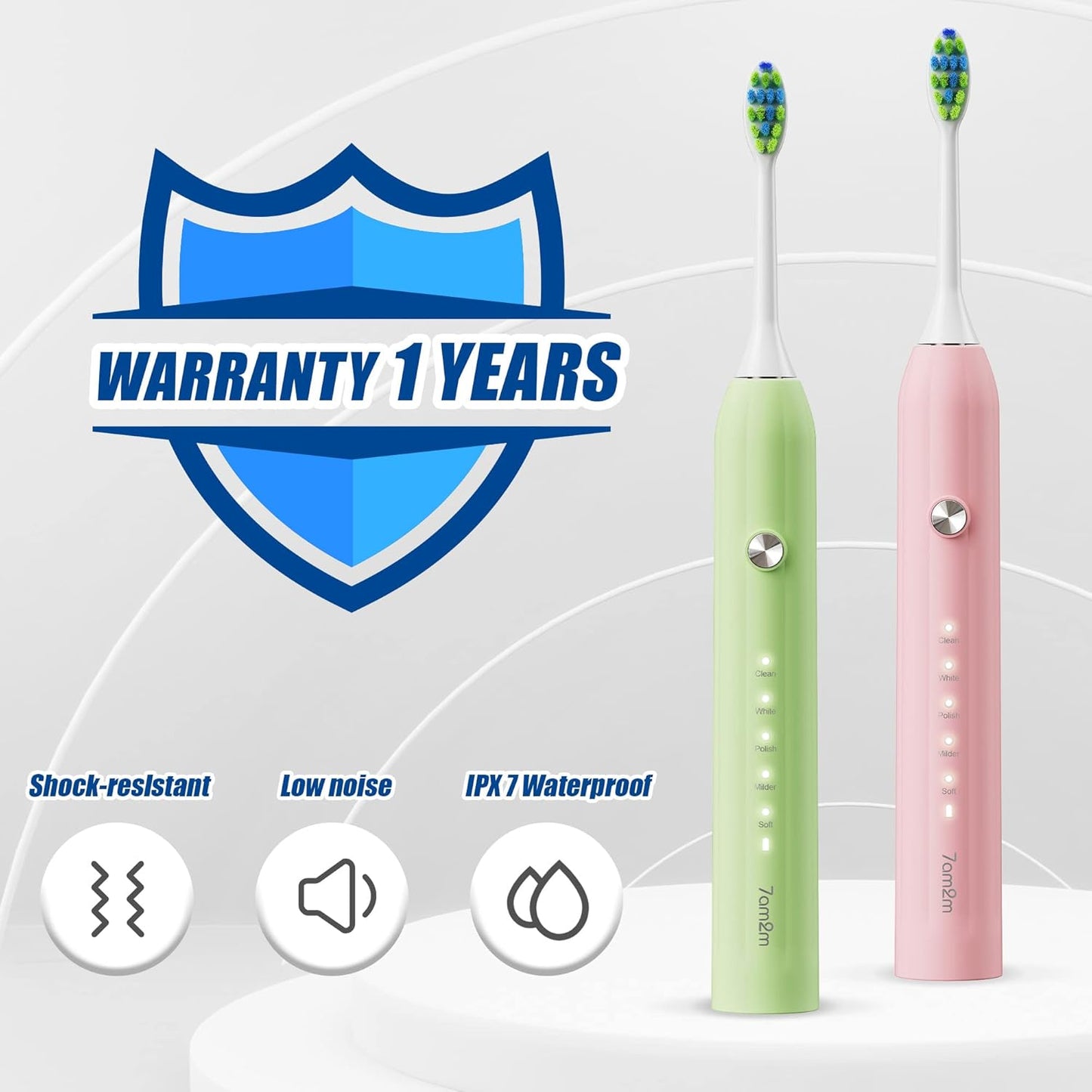 7AM2M Rechargeable Sonic Electric Toothbrush 2 Pack, Soft Toothbrushes for Adults and Kids with 12 Brush Heads, IPX7 One Charge Use for 60 Days, 5 Modes with 2 Minutes Build in Smart Timer