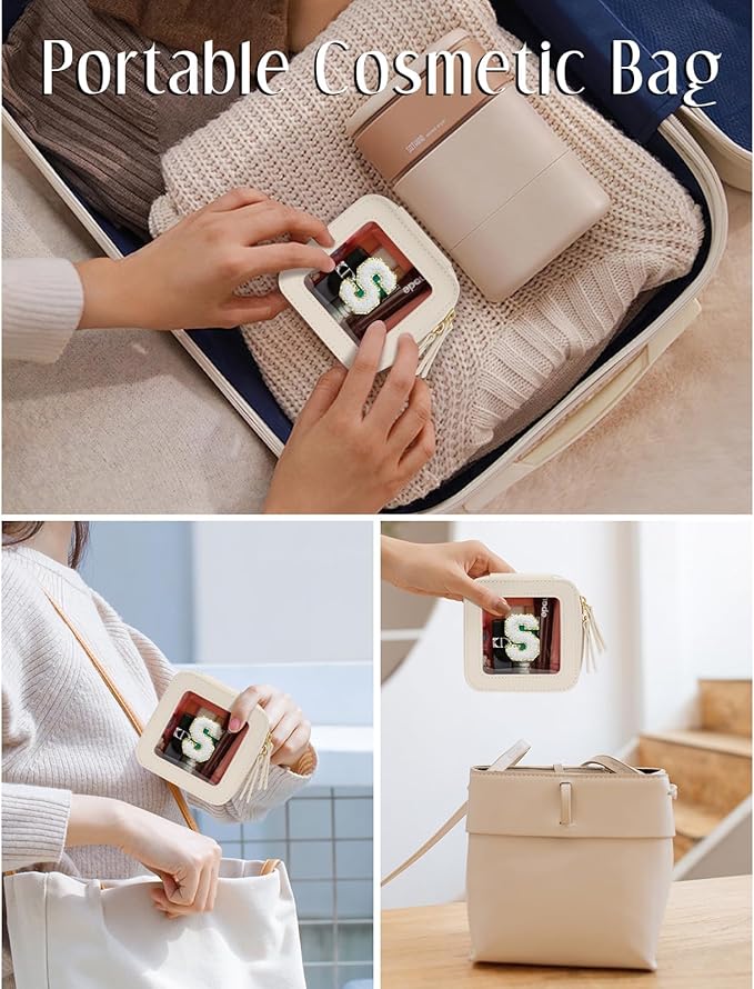 Initial Travel Toiletry Bag - Cosmetic Bags for Girls with Zipper, Clear & Potable Girls Makeup Bag for Travel, Small Cosmetic Pouch Perfect Gifts for Graduation (Beige, S)