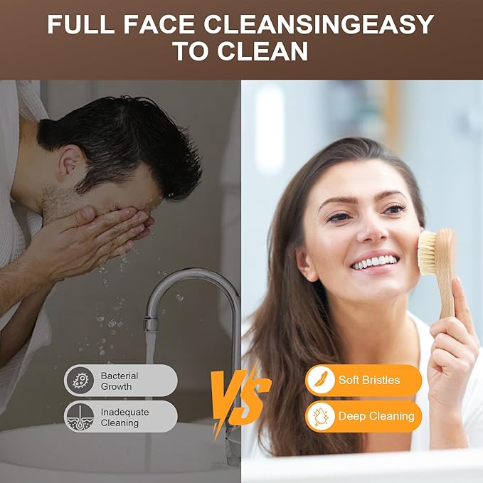 Wooden Face Dry Brush with Natural Boar Bristle 2-Pack Exfoliating Facial Dry Brush with Hanging Rope - Gentle for Face & Body Cleaning