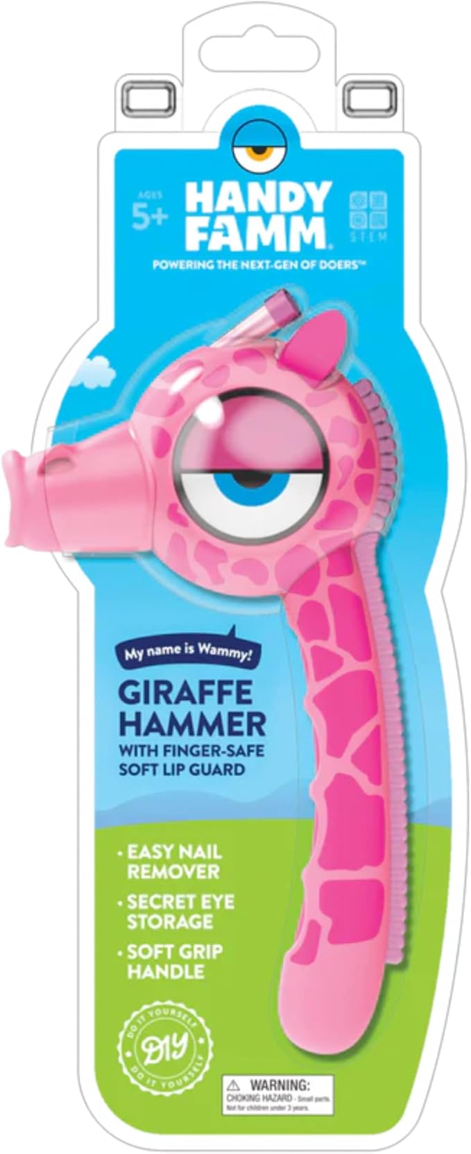 Handy Famm Real Metal Pink Giraffe Hammer for Kids, Patented Safety Mouth Sleeve and Nail Remover, STEM DIY Tool for Children Ages 5 and Up
