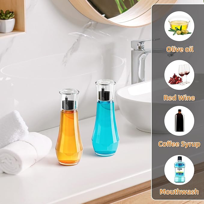 VITVITI Glass Mouthwash Dispenser for Bathroom, 8.8OZ Mouth Wash Container Bottle with Lid Cup, Small Clear Refillable Mouthwash Dispenser Decanter for Countertop, Set of 2, Black