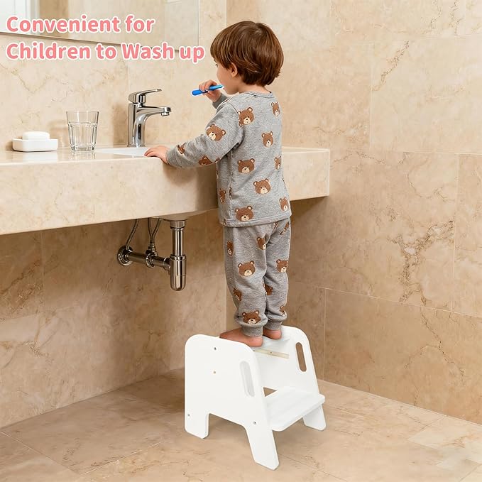 WOOD CITY Toddler Step Stool, Wooden 2 Step Stools for Bathroom Sink Potty Training Kitchen Dual Height Stool Helper for Kids Bonus Non-Slip Pads and Handles for Safety (White)