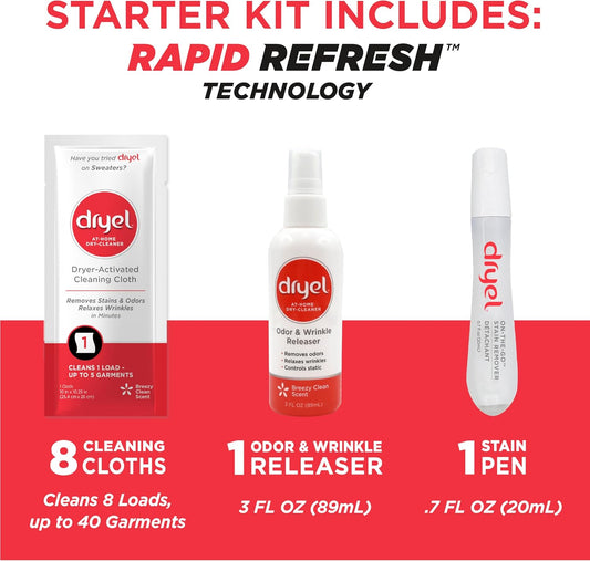 dryel At-Home Dry Cleaner Starter Kit with Wrinkle Release Spray, New and Improved, Gentle Laundry Care for Special Fabrics and Dry-Clean-Only Clothes, 8 Loads with On-the-Go Stain Remover