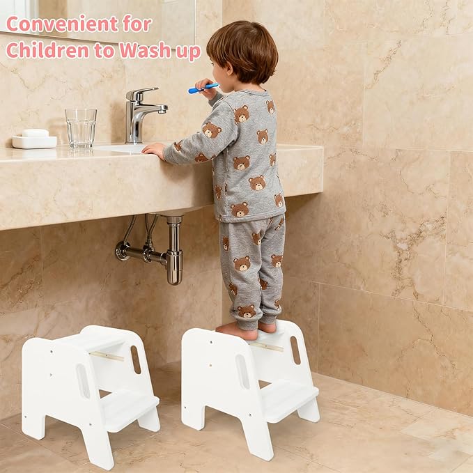 WOOD CITY Toddler Step Stool, Wooden 2 Step Stools for Bathroom Sink Potty Training Kitchen Dual Height Stool Helper for Kids Bonus Non-Slip Pads and Handles for Safety (2 Pack White)