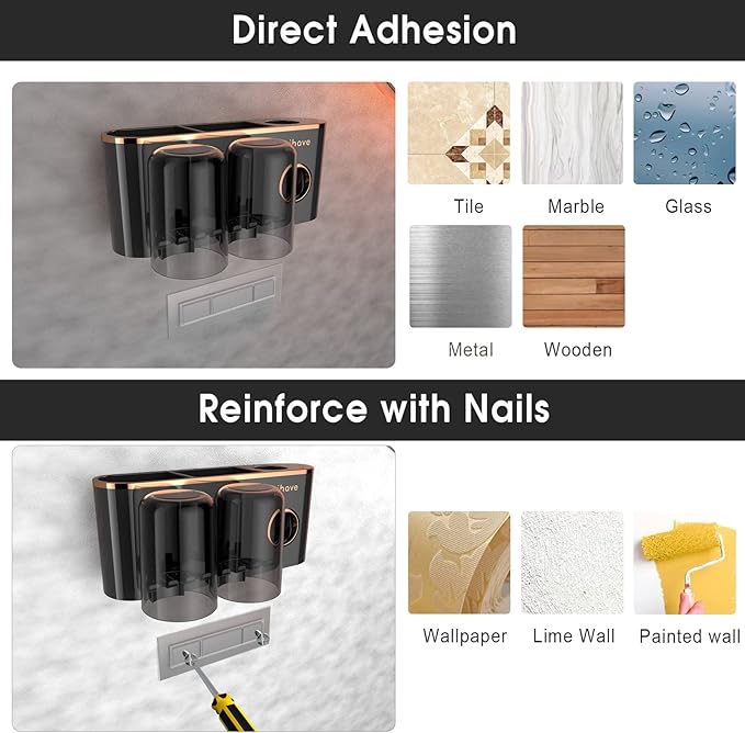 iHave Toothbrush Holders Bathroom Accessories with Toothpaste Dispenser, 2 Cups Toothbrush Holder Wall Mounted Bathroom Decor