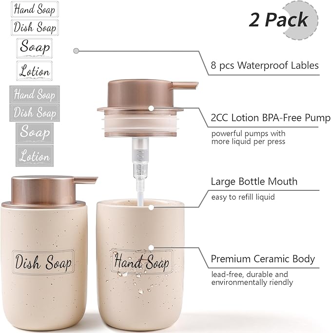 BosilunLife Apricot Soap Dispenser Set - 2 Pack 12oz Ceramic Dish Soap Dispenser with Rust Proof Pump for Kitchen, Hand Soap and Lotion Set Suitable for Farmhouse Bathroom Decor with Waterproof Labels