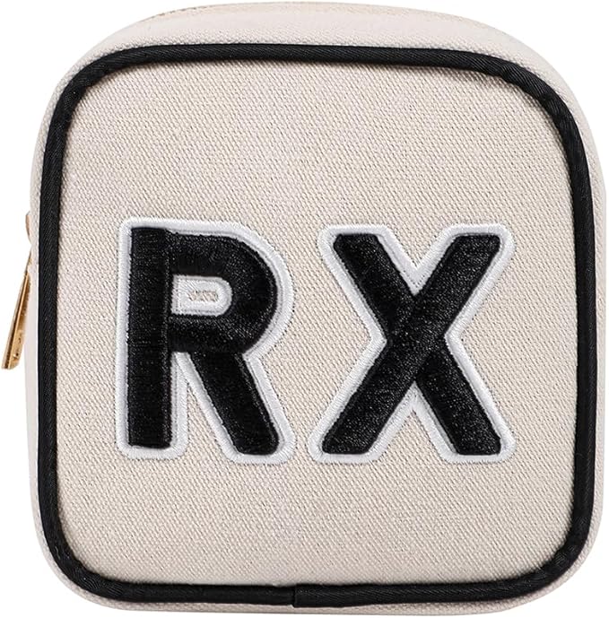 Small Canvas Rx Medicine Packages, Cute Chenille Letter Patch Drug Makeup Bag with Metal Zipper, Mini Travel First Aid Purse Organizer Machine Washable (01Beige)