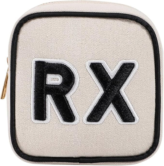 Small Canvas Rx Medicine Packages, Cute Chenille Letter Patch Drug Makeup Bag with Metal Zipper, Mini Travel First Aid Purse Organizer Machine Washable (01Beige)