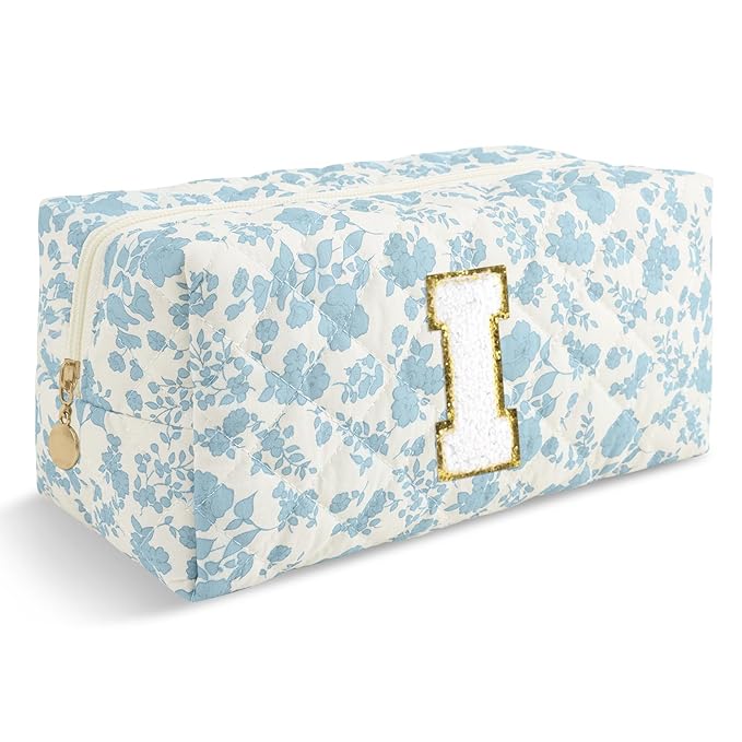 Personalized Quilted Cosmetic Bag, Puffy Monogrammed Christmas Birthday Gifts for Women & Girls, Cute initial Floral Makeup Bag Puffer Coquette Bag, Aesthetic Travel Toiletry Zipper Pouch(Blue,I)