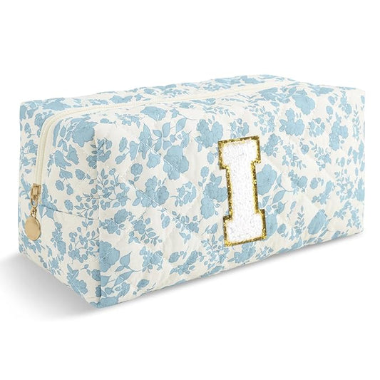 Personalized Quilted Cosmetic Bag, Puffy Monogrammed Christmas Birthday Gifts for Women & Girls, Cute initial Floral Makeup Bag Puffer Coquette Bag, Aesthetic Travel Toiletry Zipper Pouch(Blue,I)