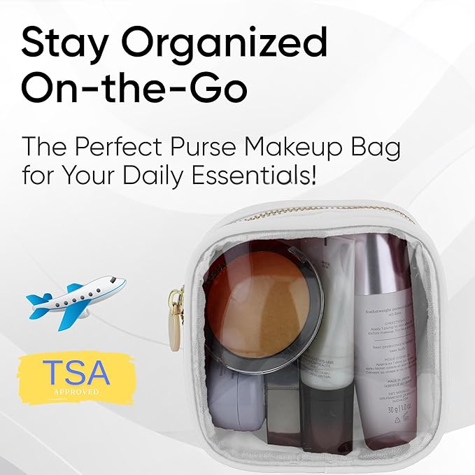 Clear Mini Makeup Bag - Small Cosmetic Pouch for Purse - Travel Case (White)