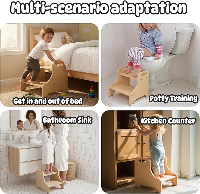 Toddler Step Stool for Kids, Toddler Kitchen Stool Helper with Handles & Non-Slip Pads, Wooden 2-Step Stool for Toddlers for Bathroom Sink, Potty Training, Kitchen & Bedroom 300lbs Capacity(Natural)