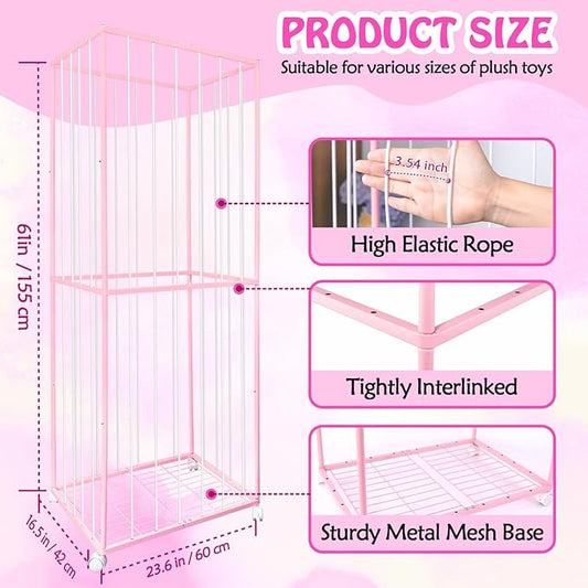 Stuffed Animal Storage, Metal Tube Extra Large Toy Storage Organizer with Brake Wheels, Stuffed Animal Holder Zoo Organizer for Nursery Playroom Kids Room Pink(61” x 23.6”x 16.5”)