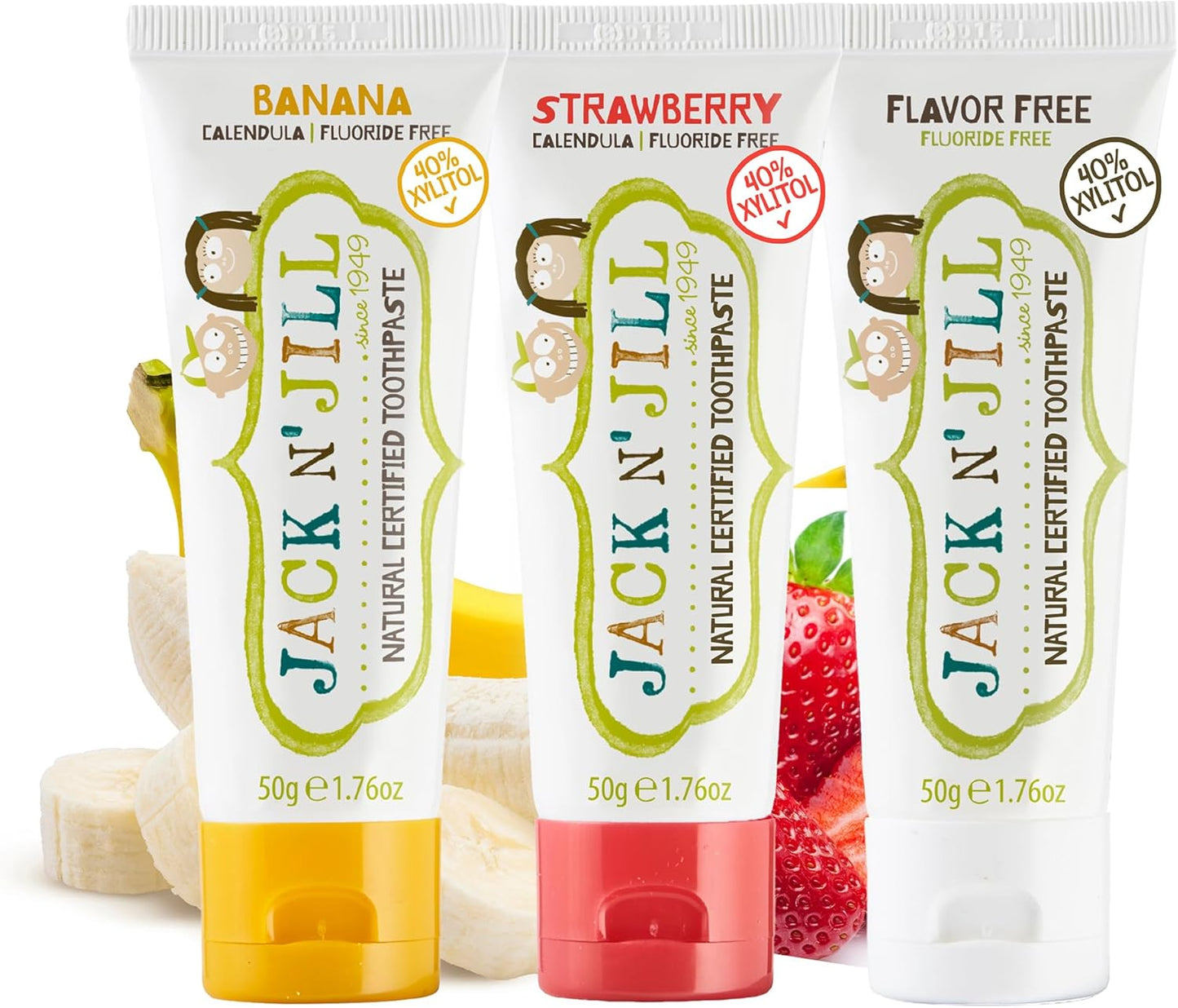 Jack N' Jill Natural Baby Toothpaste - Fluoride Free Training Toothpaste for Babies 6 Months and Up, Safe to Swallow, 40% Xylitol, BPA Free - 1.76 oz (Variety Pack of 3)