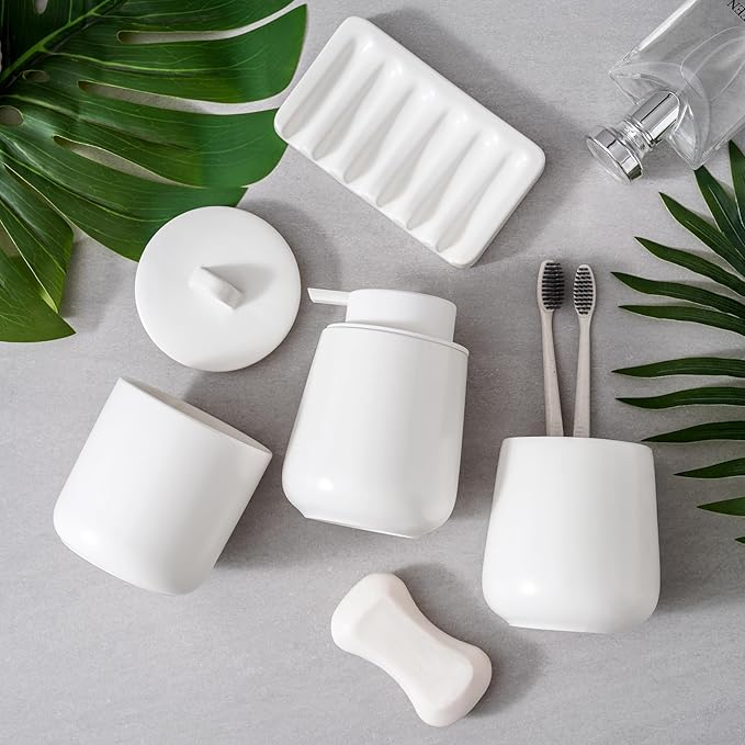 Ceramic Bathroom Accessories Set, Lotion Soap Dispenser and Toothbrush Holder Set, Soap Dish, Apothecary Jars,4 Pieces for Home Modern Bathroom Decor Vanity Countertop(White Set - Liquid)