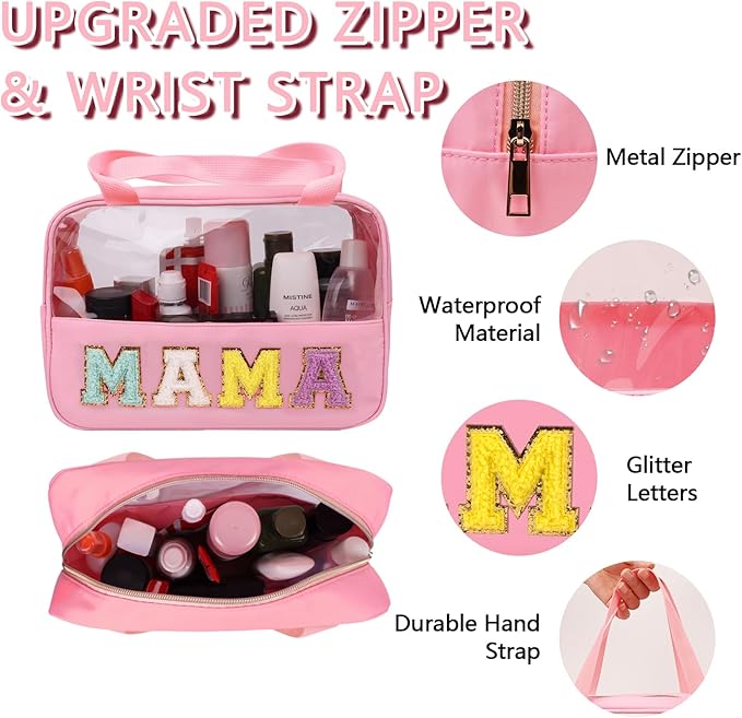Iqimott Chenille Letter Patch Mama Bag, Preppy Clear Makeup Cosmetic Bag Large Toiletry Storage Tote Bag with Handle, Transparent Nylon Waterproof Organizer Zipper Pouch for Travel Women Girls(Pink)