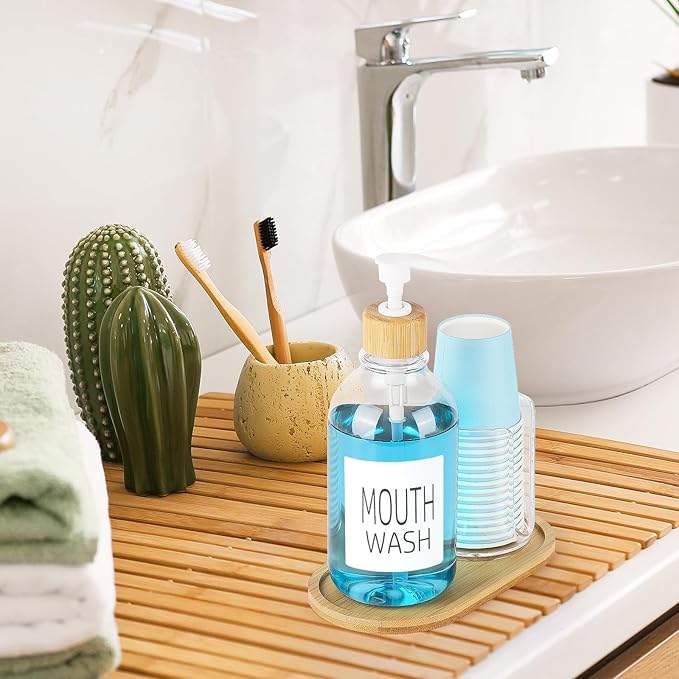 Mouthwash Dispenser with Cup Holder, Plastic Mouth Wash Pump Bottle with Tray for Bathroom Organizers, 17oz Refillable Clear Mouthwash Container - Bamboo