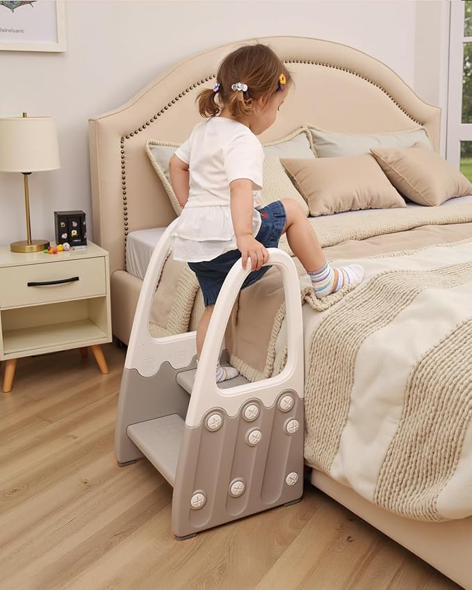 Two Step Stool with Handrails for Toddler and Kids, Standing Learning Stool Tower for Bathroom Sink, Potty Training, Children Step Up Learning Helper with Handles and Safety Non-Slip Pads(Gray)