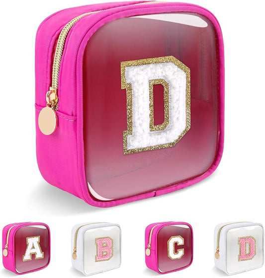 Personalized Initial Letter Clear Preppy Makeup Bag,Mini Nylon Chenille Letter Cosmetic Bag Cute Zipper Pouch Coin Purse for Teen Girls,Portable TSA Approved Travel Essentials Bag Gift for Women,D