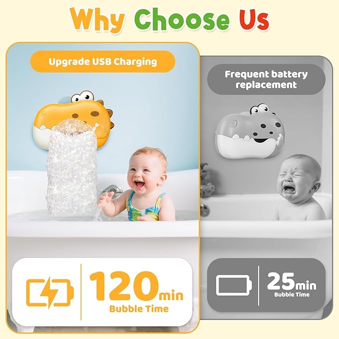 Baby Bath Toys, Rechargeable Dinosaur Bath Bubble Machine with Music, Bathtime Bathtub Toys for Toddlers Christmas Birthday Gifts, Bubble Maker Toys for Kids Ages 1-3 4-8 Baby Gifts (Yellow)
