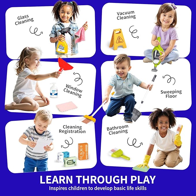 Kids Cleaning Toy Set, Toddler Cleaning Set, Pretend Play Cleaning Toys with Handheld Vacuum That Really Works,Cleaning Supplies,Cleaning Cart for Kids Toddler Christmas Birthday Gift(Blue)