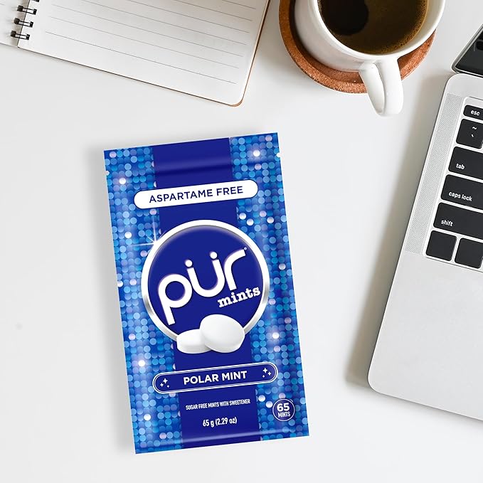 PUR Mints | Aspartame Free Breath Mints | Made with Xylitol | Sugar Free, Vegan, Gluten Free | Natural Polar Mint Flavor | 65 Pieces in Re-Sealable pouch (Pack of 1)
