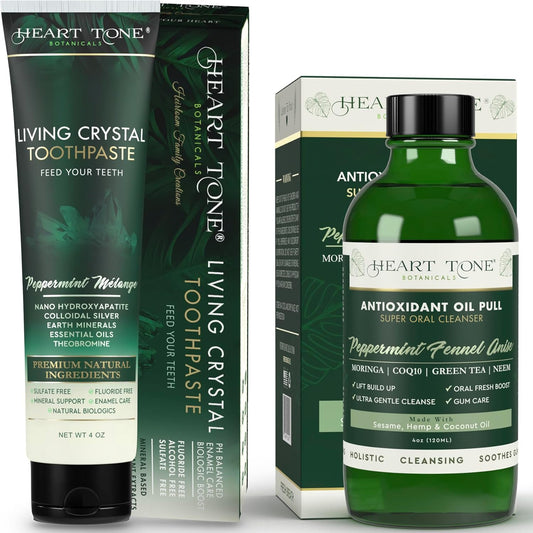 Complete Oral Wellness Duo – Living Crystal Hydroxyapatite Toothpaste & Antioxidant Oil Pulling Conditioner – Fluoride-Free, Natural, Enamel-Supporting, 18 Botanicals – Mint