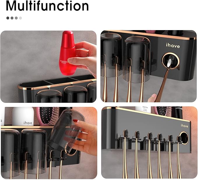 iHave Toothbrush Holders Bathroom Accessories with Toothpaste Dispenser, 3 Cups Toothbrush Holder Wall Mounted Bathroom Decor