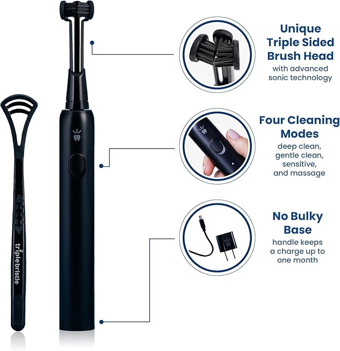 Triple Bristle Max Sonic | 3 Sided Toothbrush w/ 4 Modes | Dentist Created & Approved | Soft Charcoal Infused Nylon Bristles | Rechargeable & Waterproof