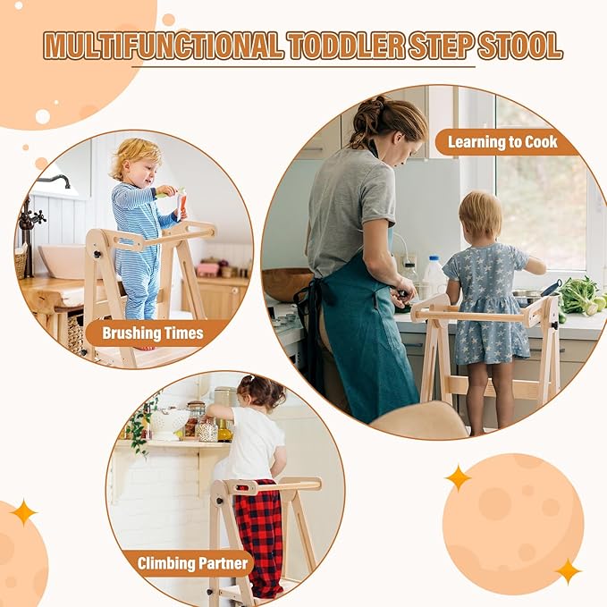 Foldable Toddler Tower - Kitchen Step Stool Helper for Kids 1-6 Years, Montessori Toddler Standing Tower with 3 Adjustable Height for Kitchen Counter Bathroom
