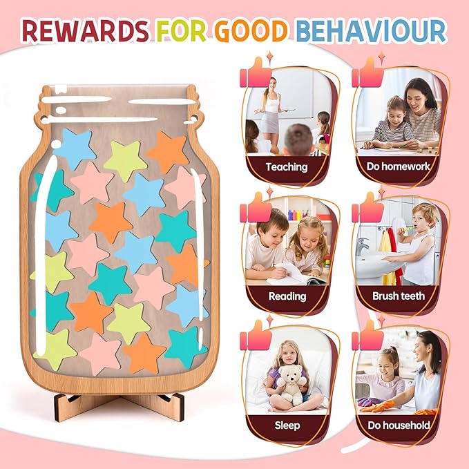Star Reward Jars for Kids-Magnetic Reward System with Colorful Letter Stickers,Behavior Classroom Incentive Jar for Teachers Parents (Mason Jar with Stars, Kids Motivational Tool)