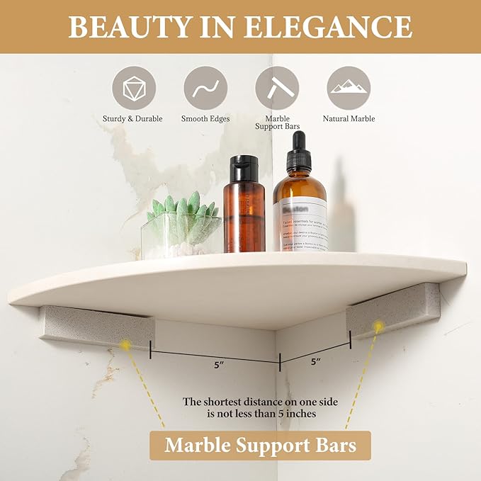Koville Beige Natural Marble Corner Shower Shelf for Bathroom, 10'' Polished Marble Corner Shelves for Bath, Wall Mounted Stone Corner Shower Caddy, No Drilling Adhesive Shower Shelf - Rigel Yellow