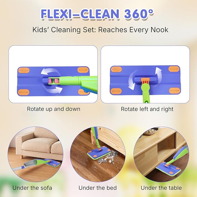 Kids Spray Mop,Real Working Toddler Cleaning Set, Mini Mop, Kid Vacuum - Spray Bottle,Scraper, Washable Microfiber Pads, Montessori Cleaning Toy Set,Toy for Kids Toddlers Ages 3+