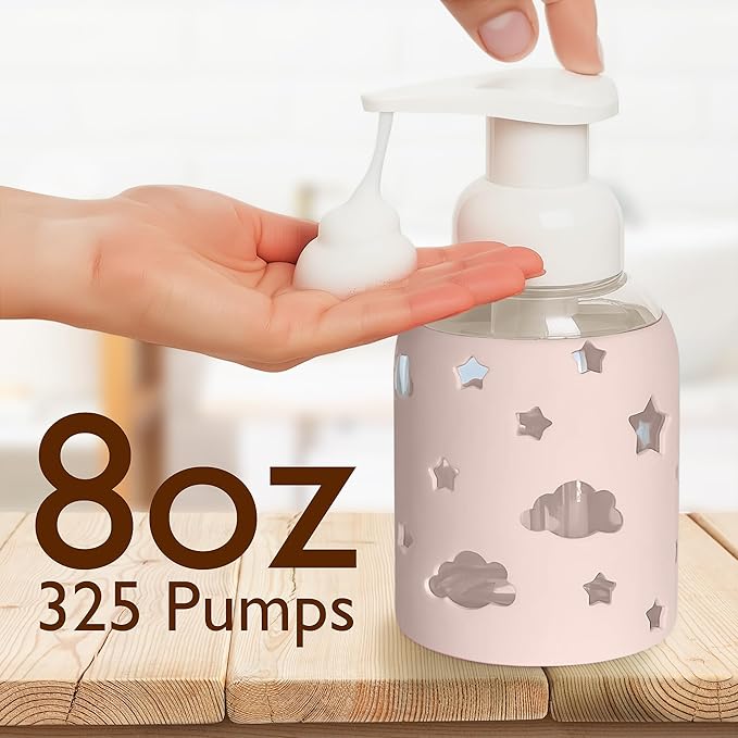 SoCal Suds & Company Glass Foaming Hand Soap Dispenser, Soft Grip Silicone Sleeve, Refillable Pump Bottle for Kids, Baby Wash & Shampoo, Ideal for Home Use, Light Pink 8oz