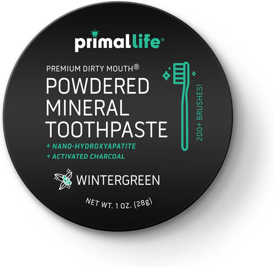 Primal Life Organics - Dirty Mouth Toothpowder, Activated Charcoal Tooth Cleaning Powder, Essential Oils Natural Kaolin & Bentonite Clay, 200+ Brushings Organic Vegan (Charcoal Wintergreen, 1 oz)