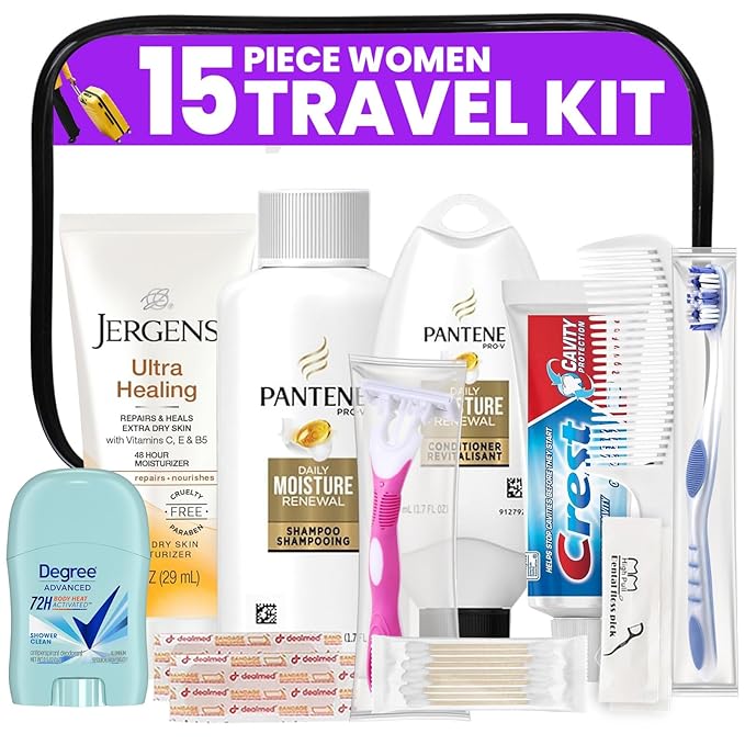Trektote Bulk Hygiene Kit For Women – (50 Pack) 15 Piece Set – Featuring Top Trusted Brands, TSA Compliant, Bulk Travel Essentials, Includes Shampoo And Conditioner, Body Wash, Toiletry Bag & More