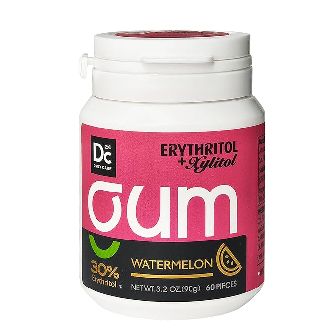 DC24 DAILY CARE Xylitol Chewing Gum with Erythritol, Aspartame Free & Sugar Free Gum for Dry Mouth, Low-Calorie, Sugarless, Watermelon, 60 Pieces (Pack of 1)