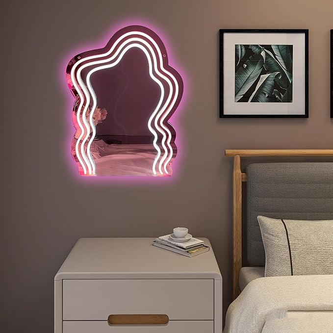 Wavy Mirror Neon Sign Neon Wall Art Sign for Wall Decor LED Neon Mirror Light Sign for Girls Room Bedroom Wedding Birthday Party