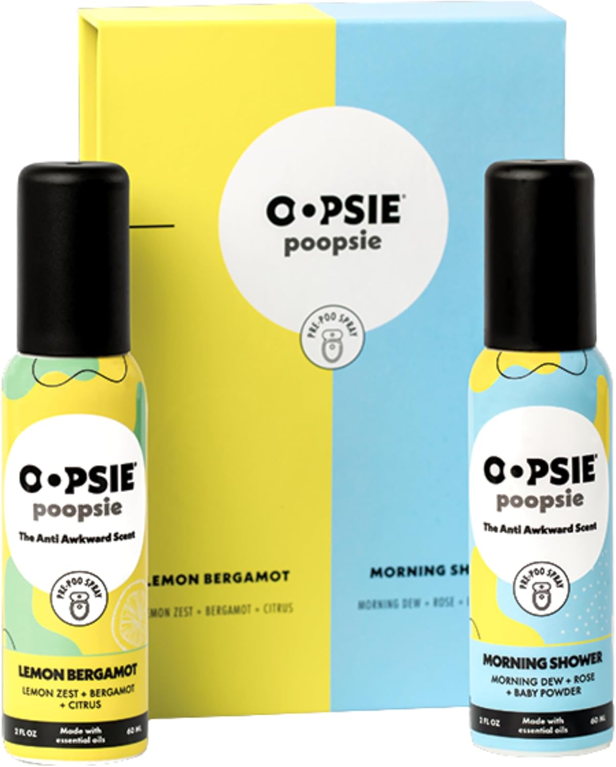 Oopsie Poopsie Pre GO toilet spray, discreet & portable original Pre-poo spray to use on the go. Assorted scents Lemon/Morning Shower Fresh Toilet Odor Eliminator 2oz bottle Gift Set 2 pack