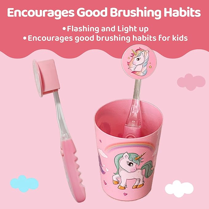Lily's Home Kids Flashing Timer Toothbrush kids with Soft Bristles, Rising Cup & Cover - Fun 2-Min Light-Up Brushing for Children - Toddler Soft Toothbrush Kit (unicorn)