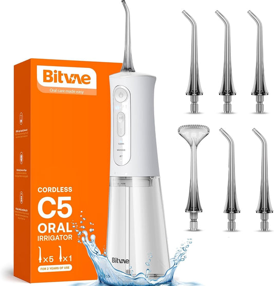 Bitvae Water Dental Flosser for Teeth, Rechargeable Water Teeth Cleaner Picks, 3 Modes 5 Intensities, IPX7 Waterproof, Oral Irrigator USB Cordless Water Dental Picks for Cleaning - Frost White