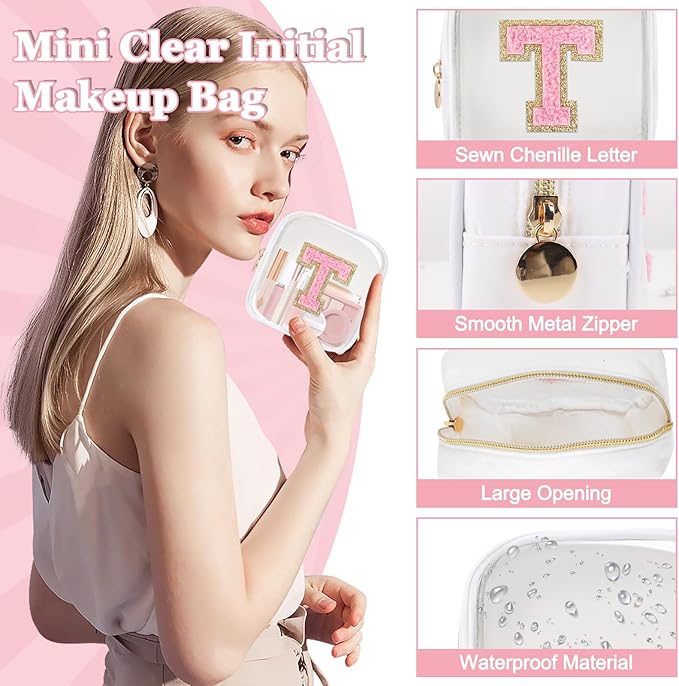 Mini Clear Personalized Initial Makeup Bag,Small Nylon Waterproof Zip Beach Cosmetic Pouch,Preppy A-Z Chenille Letter Patch Cute Coin Purse Travel Toiletry Bag Car Pack Bag for Women(White-Pink T)